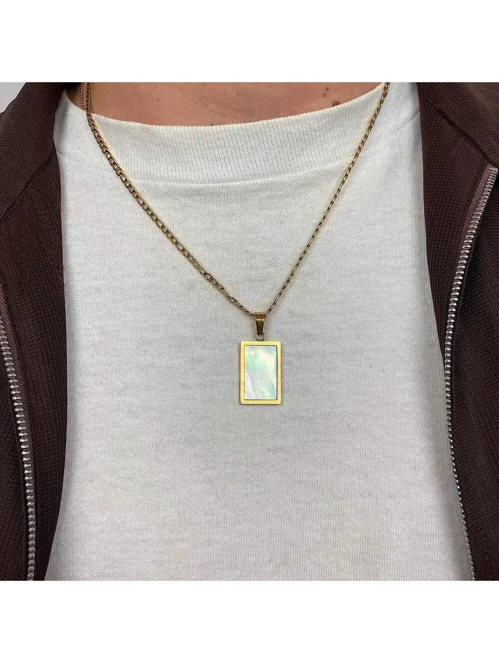 Stainless steel y2k 2000s style Big Square Opal Pendant Gold necklace